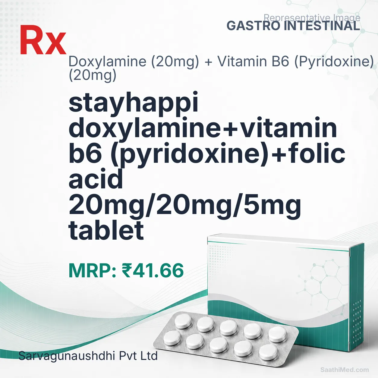 stayhappi doxylamine+vitamin b6 (pyridoxine)+folic acid 20mg/20mg/5mg tablet Allopathy (Doxylamine (20mg)) - Uses in Hindi, Side Effects, Substitutes & Price in India