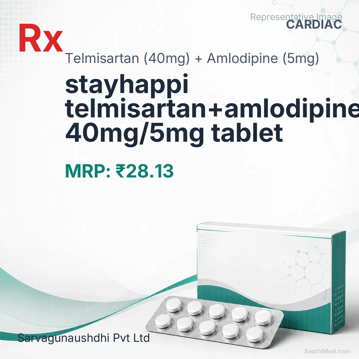 stayhappi telmisartan+amlodipine 40mg/5mg tablet Allopathy (Telmisartan (40mg)) - Uses in Hindi, Side Effects, Substitutes & Price in India