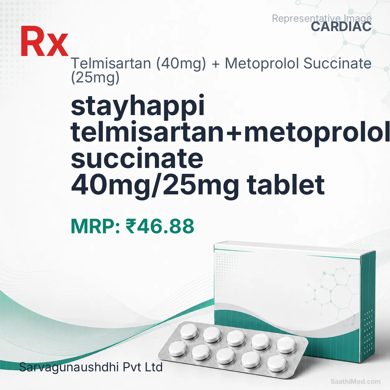 stayhappi telmisartan+metoprolol succinate 40mg/25mg tablet Allopathy (Telmisartan (40mg)) - Uses in Hindi, Side Effects, Substitutes & Price in India