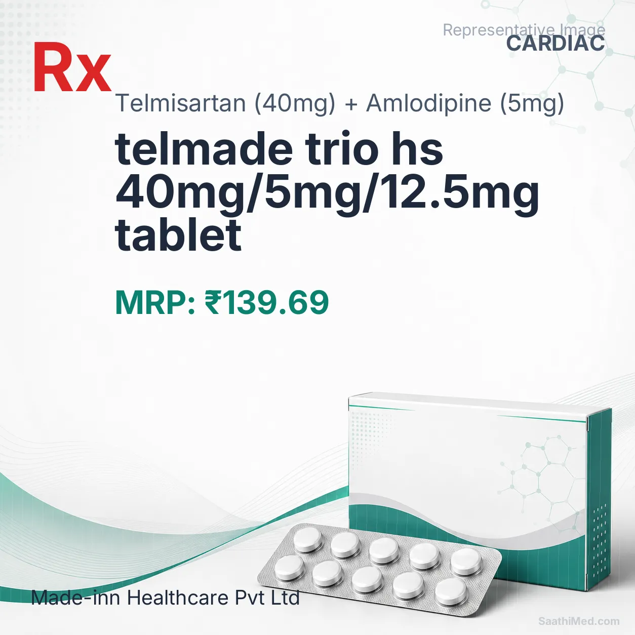 telmade trio hs 40mg/5mg/12.5mg tablet Allopathy (Telmisartan (40mg)) - Uses in Hindi, Side Effects, Substitutes & Price in India