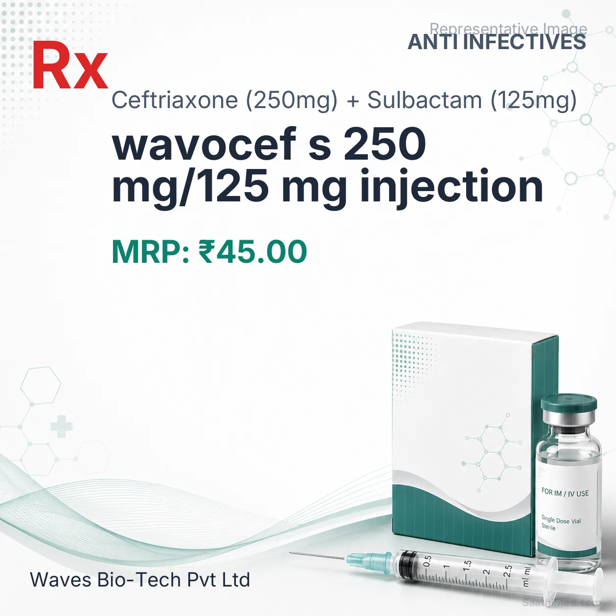 wavocef s 250 mg/125 mg injection Allopathy (Ceftriaxone (250mg)) - Uses in Hindi, Side Effects, Substitutes & Price in India