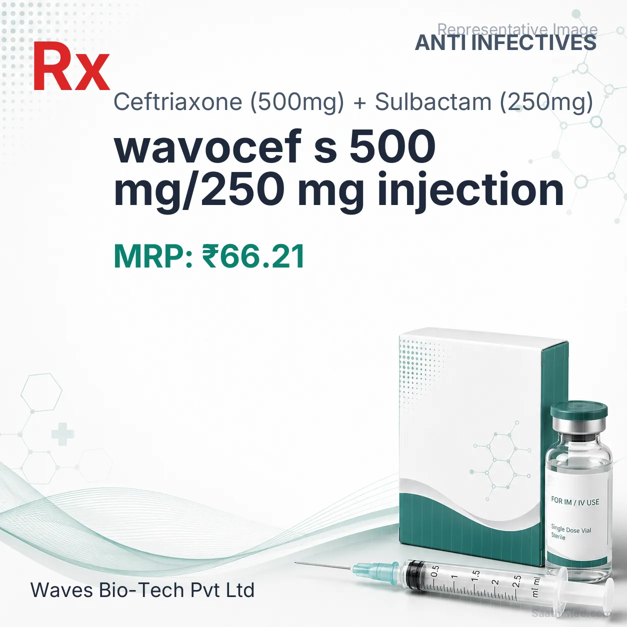 wavocef s 500 mg/250 mg injection Allopathy (Ceftriaxone (500mg)) - Uses in Hindi, Side Effects, Substitutes & Price in India